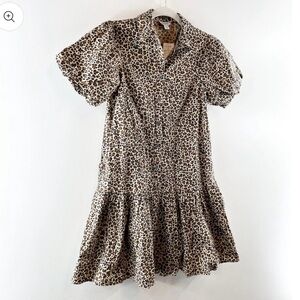 J. Crew Bubble Short Puff Sleeve Button Up Drop Waist Leopard Print Mini Dress